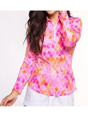 Ike Behar Pink & Orange Scallop Zip Polo S